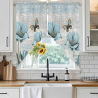 Spring Floral Swag Valances for Windows, Vintage Tulips Flower Butterfly Retro Wood Blue Rod Pocket Kitchen Curtains Valance, Small Window Curtains Swag for Cafe Living Room, 2 Panels, 36x36 inch