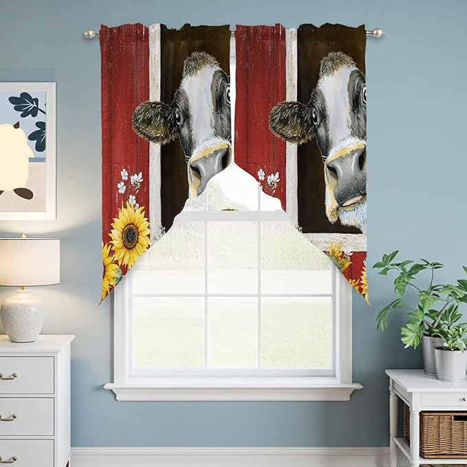 Cows Sunflowers Swag Valances for Windows, Rustic Farms Barns Flowers Bees Animals Rod Pocket Kitchen Curtains Valance, Small Window Curtains Swag for Cafe Bathroom Living Room, 2 Panels, 28x36 inch