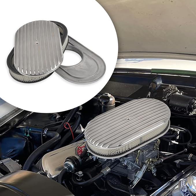 15" Air Cleaner Kit Polished Aluminum Oval Full Finned Retro Compatible with Classic Chevy Ford