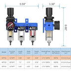 3 Stage Air Dryer 1/4" NPT,Air Dryer System Air Compressor Filter Dryer,Air Dryer for Compressor,5 &0.5 &0.01 Micron Filter Cartridge,Semi-Auto Drain, Metal Bracket-Blue