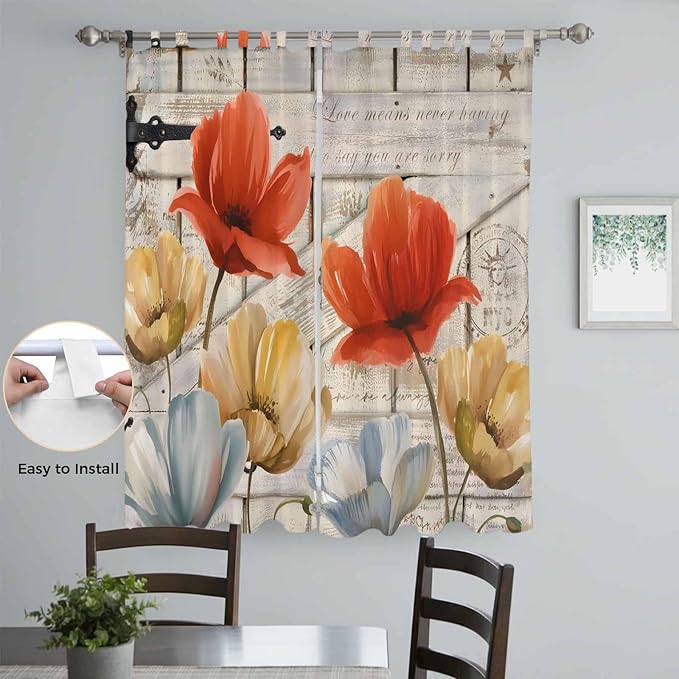 Retro Floral Living Room Curtains 96 Inch Length, Window Curtains Tab Top, Red Yellow Tulips Barm Doors Farmhouse Wooden Light Filtering Window Treatments Drapes 52"x96" 2 Panel