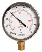 4" Oil Filled Vacuum Pressure Gauge - Stainless Steel Case, Brass, 1/2" NPT, Lower Mount Connection, 30HG/30PSI