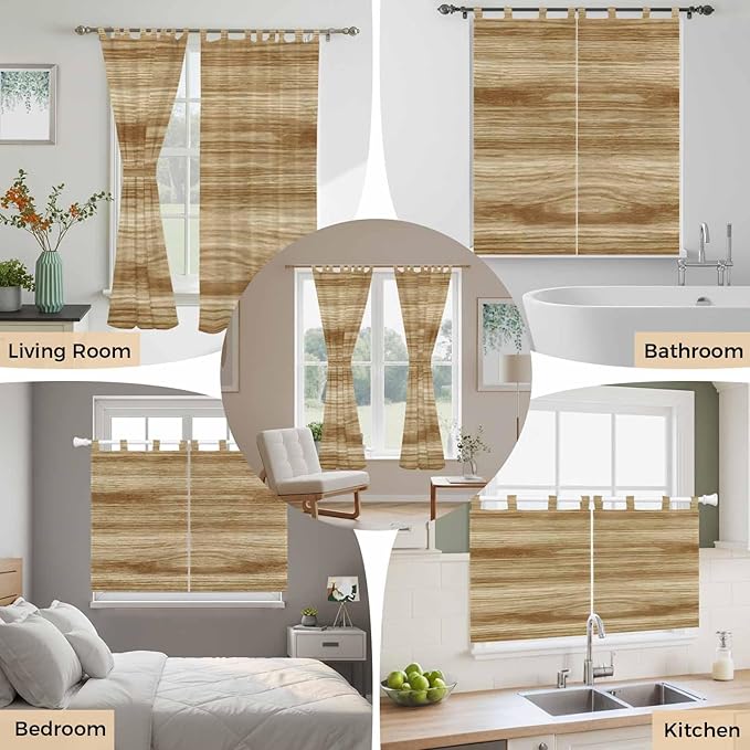 Light Brown Wood Grain Bathroom Curtains 63 Inch Length, Window Curtains Tab Top, Western Farmhouse Barn Door Light Filtering Window Treatments Drapes 52"x63" 2 Panel