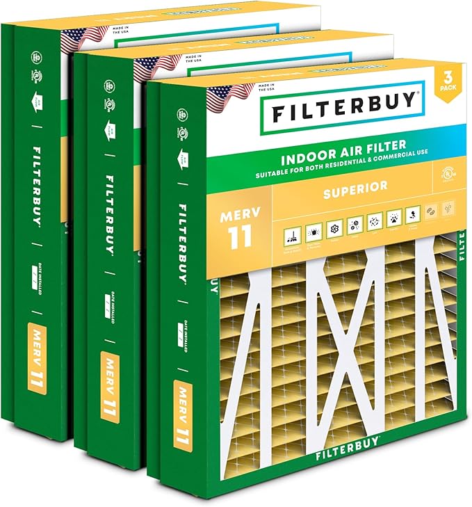 Filterbuy 24.5x27x5 Air Filter MERV 11 Superior Pet & Allergy Defense (3-Pack), Pleated HVAC AC Furnace Filters for Trane, American Standard, Honeywell, and More (Actual Size: 24.06 x 26.13 x 4.97)