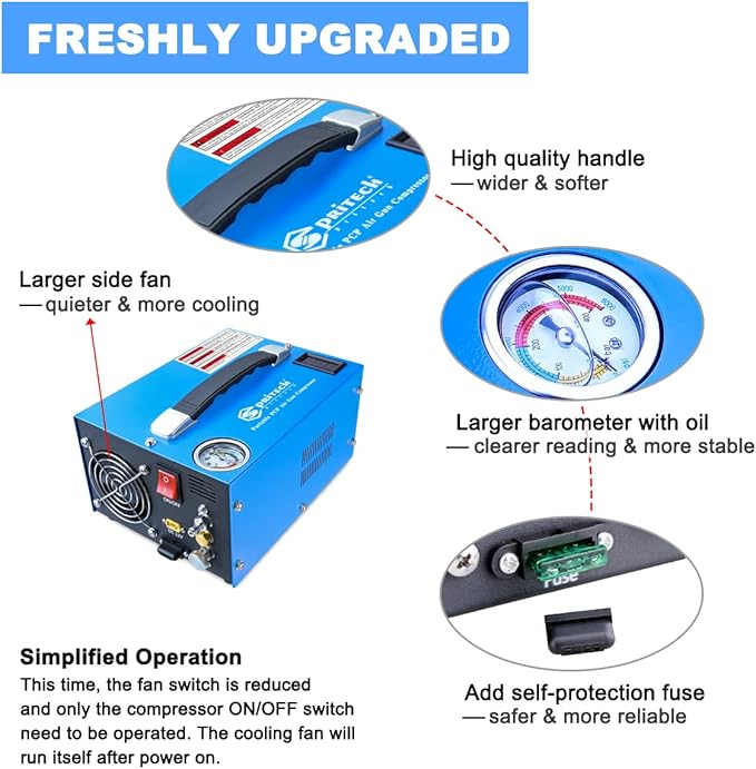 PCP Air Compressor, Portable 4500Psi/30Mpa, Water/Oil-Free, PCP Rifle/Pistol and Paintball Tank Air Pump, Powered by 12V Car DC or Home 110V AC with Power Converter and Oil-Moisture Filter