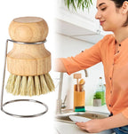 Kitchen Brush, Scrubber Cleaner with Wooden Handle and Drain Rack, Dish Scrubber for Sink Pots Pans Shower Bathroom Grout Tile Washing