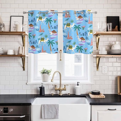 2 Panel Kitchen Cafe Curtains, Desert Landscape Sunlight Filtering Nature Air Through, Home Decor Window Covering Tier Curtains for Living Room 55W x 39L inch Cute Camels Palm Trees Houses Leaves Blue