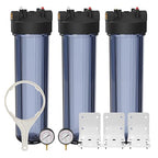 Max Water Whole House 20" x4.5" Purple Clear WH Water Filter Housing 1 inch Inlet/Outlet Ports with Pressure Gauge Wrench and Bracket (3 Housing + 2 Pressure Gauge)