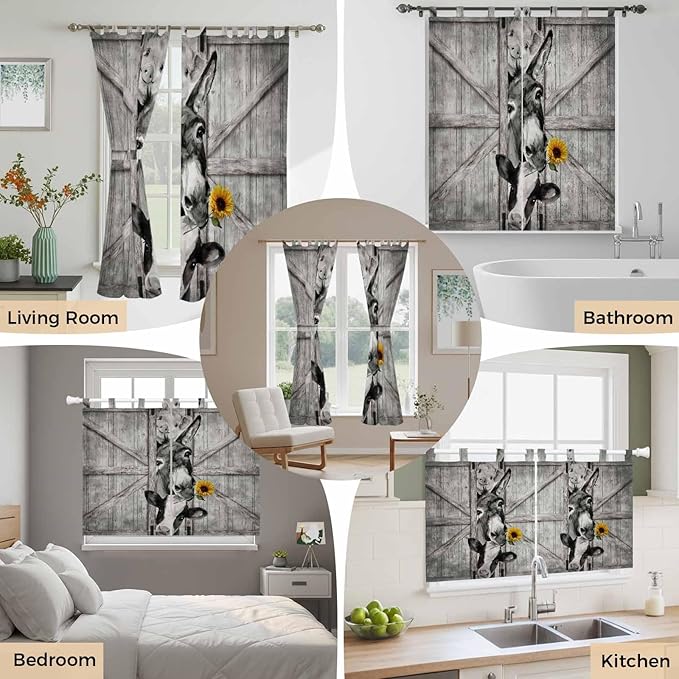 Funny Farm Animals Kitchen Curtains 45 Inch Length, Short Cafe Window Curtains Tab Top, Vintage Barn Grey Sunflowers Light Filtering Window Treatments Tier Drapes 27.5"x45" 2 Panel