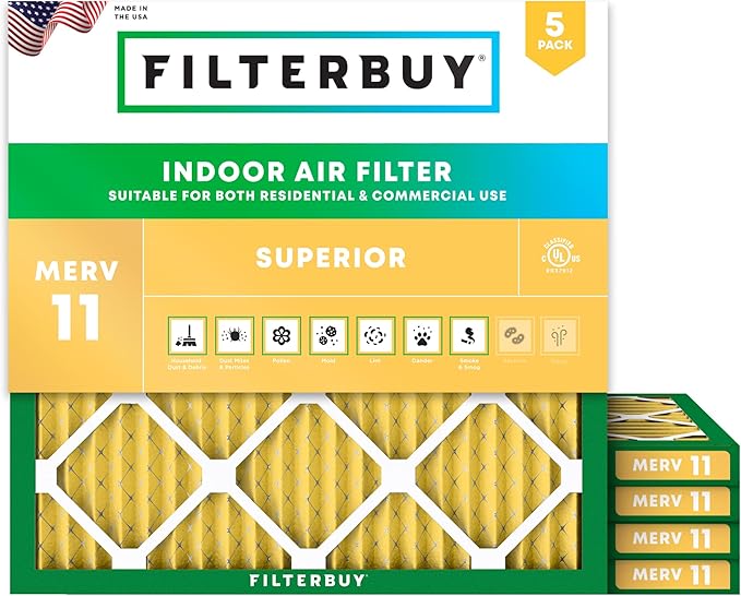 Filterbuy 23.5x23.5x1 Air Filter MERV 11 Superior Pet & Allergy Defense (5-Pack), Electrostatic Pleated HVAC AC Furnace Filters Replacement, Made in USA (Actual Size: 23.38 x 23.38 x 0.75)