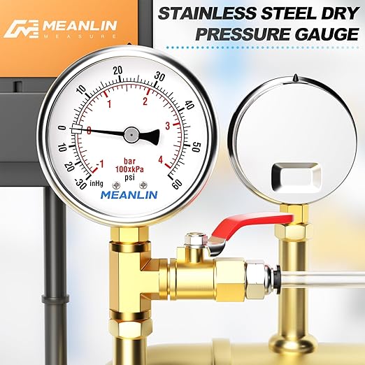 MEANLIN MEASURE -30inHG~60Psi Vacuum Gauge Stainless Steel 1/4" NPT 2" FACE DIAL Waterproof for Air Compressor HVAC Negative Pressure Hand Pump Pool Lower Mount, with 1/2" NPT and 3/8" NPT Hex Bushing