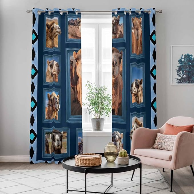 2 Panel Kitchen Cafe Curtains, Desert Camels Sunlight Filtering Nature Air Through, Home Decor Window Covering Tier Curtains for Living Room 80W x 84L inch Wildlife Brown Animals Blue Geometric