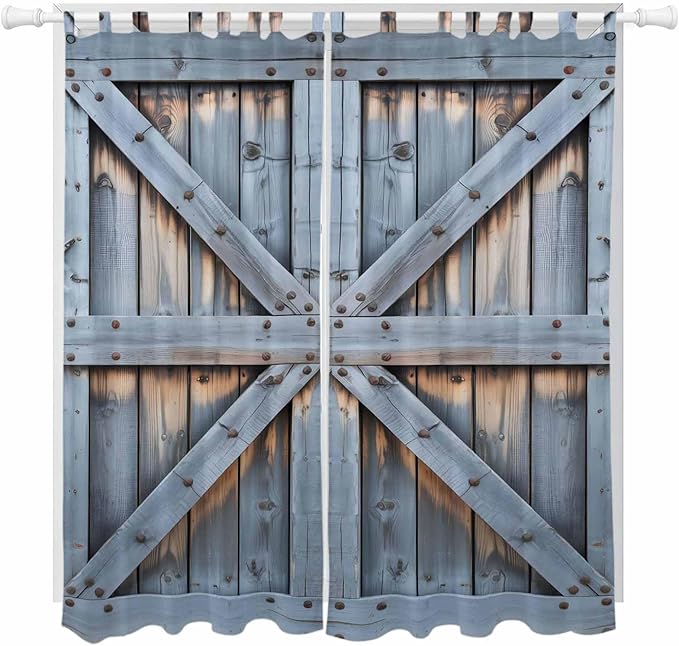 Farmhouse Wood Grain Living Room Curtains 96 Inch Length, Window Curtains Tab Top, Vintage Country Barn Gate Textured Light Filtering Window Treatments Drapes 52"x96" 2 Panel