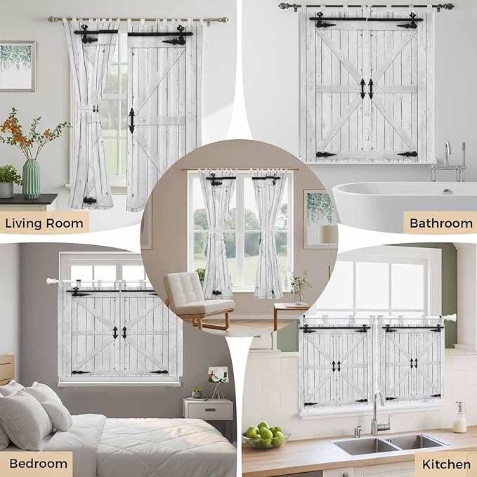 Farmhouse Wood Grain Kitchen Curtains 24 Inch Length, Small Window Curtains Tab Top, Vintage Country Barn Gate Grey Light Filtering Short Window Treatments Tier Drapes 27.5"x24" 2 Panel