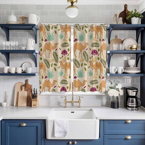 2 Panel Kitchen Cafe Curtains, Desert Camels Sunlight Filtering Nature Air Through, Home Decor Window Covering Tier Curtains for Living Room 80W x 63L inch Vintage Sand Animals Aloe Vera Leaves Beige