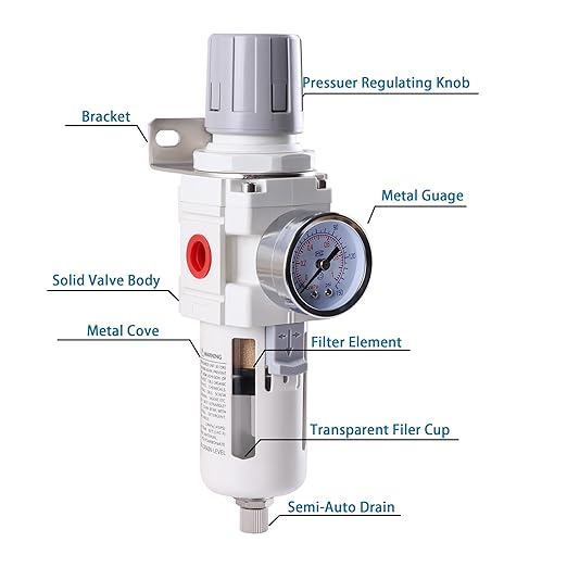 3/8 Inch NPT Air Filter Regulator Combo Piggyback AW3000-03, Air Compressor Water Separator, Air Line Dryer, Semi-Auto Drain, Air Pressure Regulator, 0-150 PSI Gauge