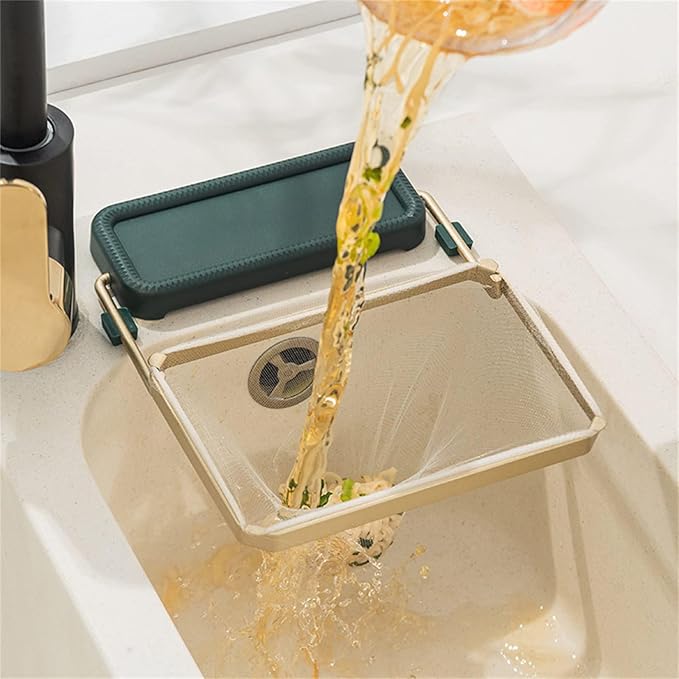 Kitchen Food Waste Filter Basket with 50Pcs Mesh Bag Collapsible Residue Filter Screen Holder Square Bracket Corner Hanging Drain Rack Sink Strainer Green 2pcs