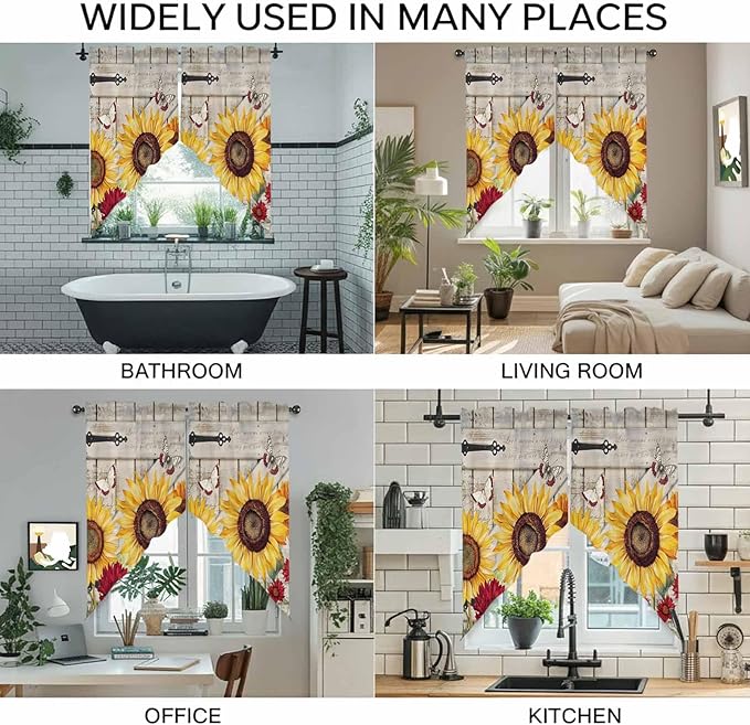 Red Yellow Sunflowers Swag Valances for Windows, Retro Rustic Barn Doors Butterfly Brown Rod Pocket Kitchen Curtains Valance, Small Window Curtains Swag for Cafe Living Room, 2 Panels, 36x36 inch