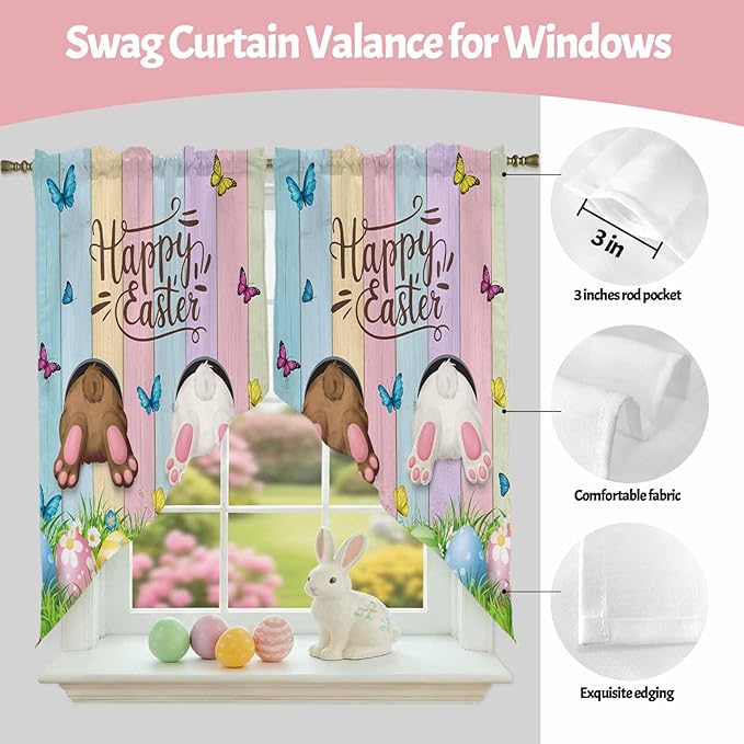 Swag Curtain Valances for Kitchen Windows,Happy Easter Rabbit Butt Egg on Daisy Leaf Short Rod Pocket Window Valance,Bufferfly on Wood Barn Swag Topper for Bedroom Living Room,2 Panels 36x45in
