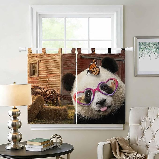 Farm Panda Bedroom Curtains 63 Inch Length, Window Curtains Tab Top, Farmhouse Barn Funny Animals Butterfly Light Filtering Window Treatments Drapes 42"x63" 2 Panel