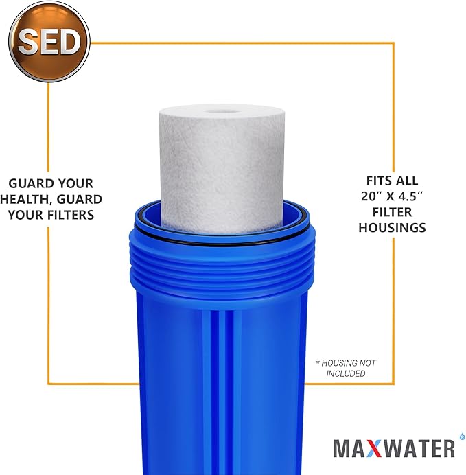 Max Water 1 Micron 20 x 4.5 Sediment Filter - Whole House BB Water Filtration System Replacement Cartridge Compatible with DGD-5005-20, AP810-2, FP25B, SDC-45-2005, 4 Pack