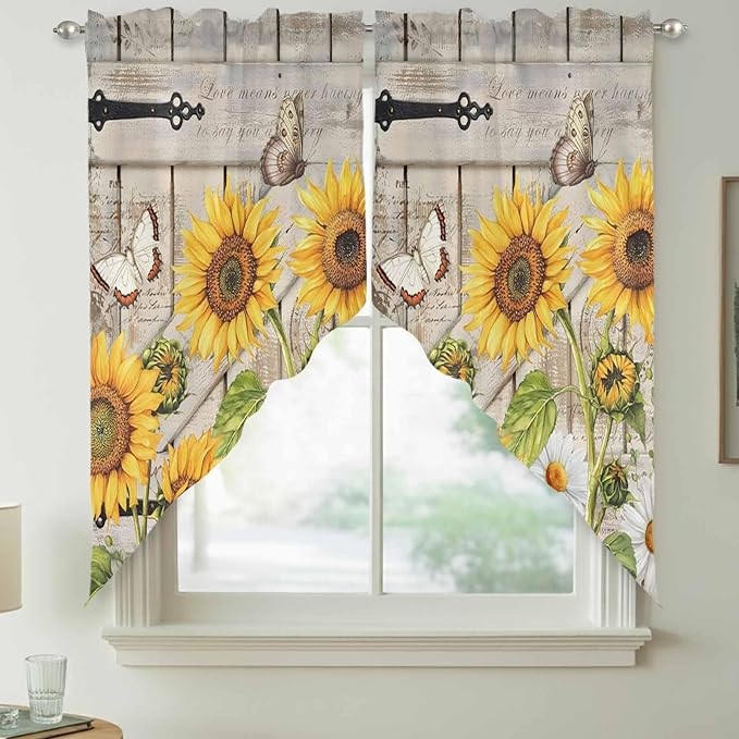 Farm Flowers Swag Valances for Windows, Retro Sunflowers Barn Doors Butterfly Wood Board Rod Pocket Kitchen Curtains Valance, Kitchen Window Curtains Swag for Cafe Living Room, 2 Panels, 36x45 inch