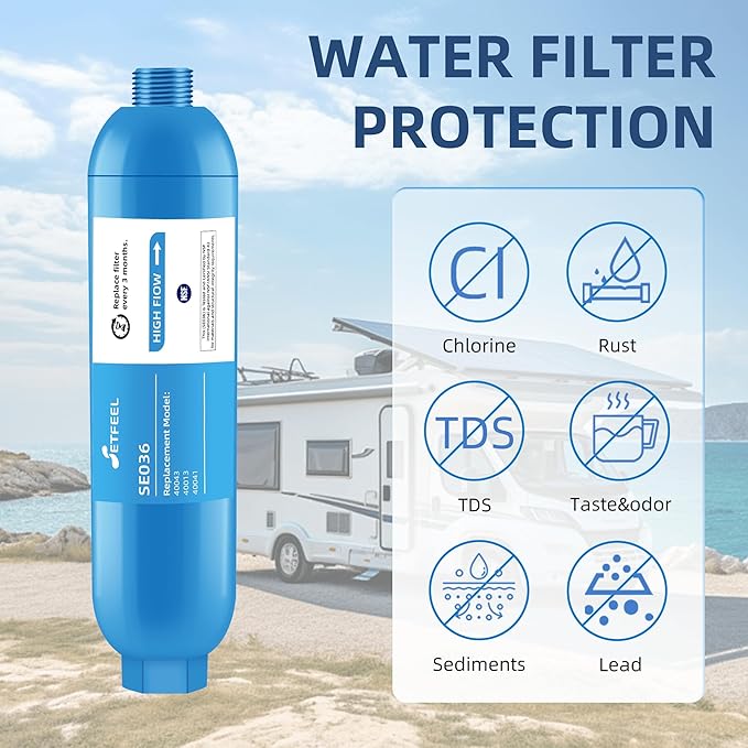 RV Water Filter, NSF Certified Camper Water Filter For RV Garden, Camping Must Haves For Reduces Chlorine, Bad Taste, Odor, Inline Hose Filter with 1 Flexible Hose Protectors, Pack of 2