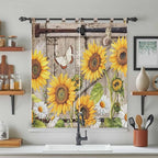 Farmhouse Sunflowers Bathroom Curtains 63 Inch Length, Window Curtains Tab Top, Rustic Barn Doors Flowers Butterfly Wooden Light Filtering Window Treatments Drapes 52"x63" 2 Panel