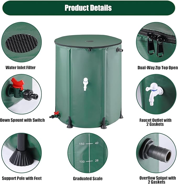 THUNDERBAY 100 Gallon Collapsible Rain Barrel, Portable Rain Barrels to Collect Rainwater from Gutter, Rainwater Collection System, Water Storage Tank Catcher Container with Filter Spigot