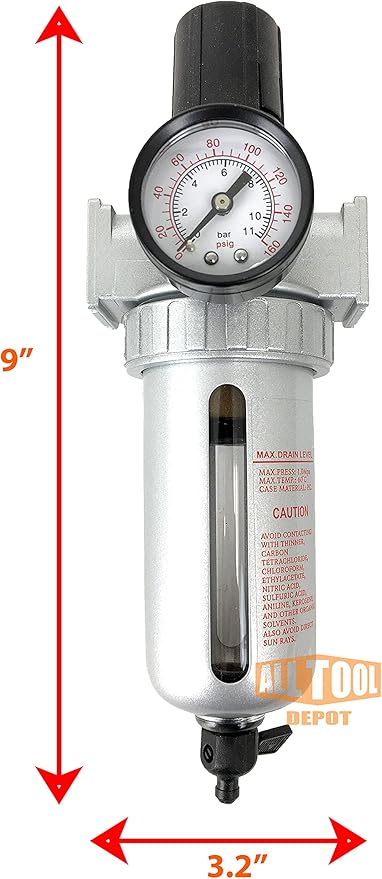 3/8" NPT Mid Flow Compressed Air In Line Filter Regulator Combo Piggyback, Poly Bowl And Metal Body, 5 Micron Element, Adjustable From 7 to 145 PSI (MANUAL DRAIN)