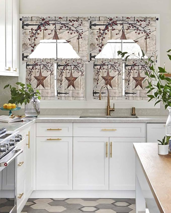 Village Stars Swag Kitchen Curtains Valance and Tier Set, Vintage Rust Yellow Star Berry Beige Barn Doors Light-Filtering Swag Valance 36 Inch Length, Rod Pocket Short Curtain for Bedroom Cafe