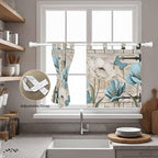 Teal Blue Tulips Kitchen Curtains 24 Inch Length, Small Window Curtains Tab Top, Spring Floral Barn Doors Vintage Wood Beige Light Filtering Short Window Treatments Tier Drapes 27.5"x24" 2 Panel