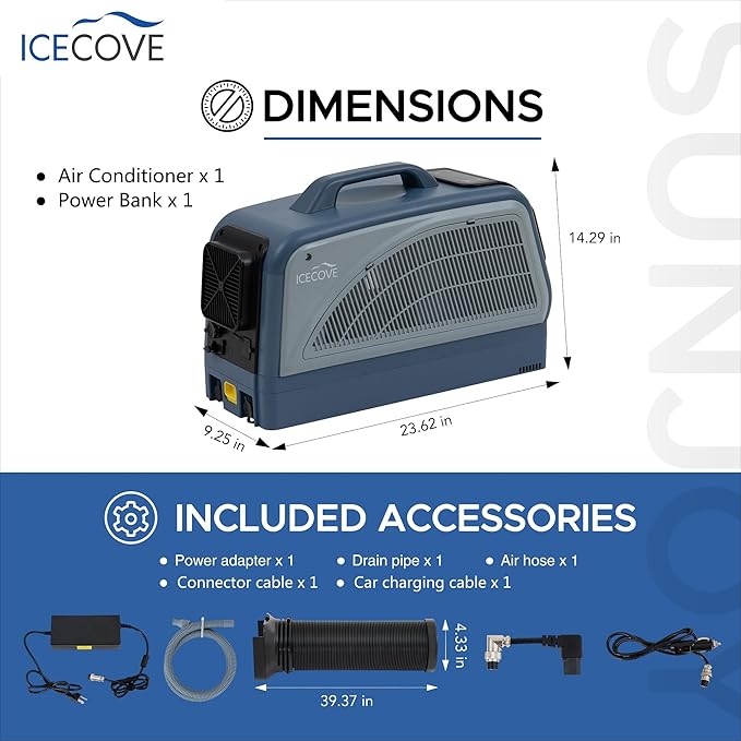 IceCove Portable Air Conditioner with Add-on Battery, 2500BTU Portable Car AC Unit, 250W Low Power Consumption, 25.5VDC, 2 Fan Speed, 3 Light Mode for Tent Camping RV Truck Van Life Home, Blue