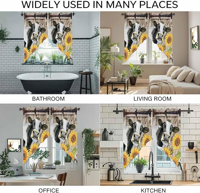 Retro Farmhouse Flower Swag Valances for Windows, Yellow Sunflowers Cow Barn Doors Brown Rod Pocket Kitchen Curtains Valance, Kitchen Window Curtains Swag for Cafe Living Room, 2 Panels, 36x45 inch