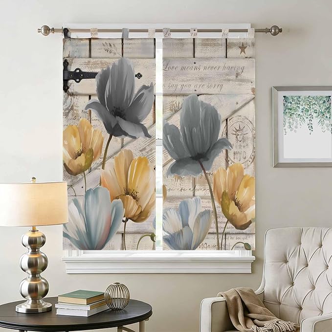 Spring Tulips Flower Bathroom Curtains 63 Inch Length, Window Curtains Tab Top, Vintage Floral Barn Doors Rustic Beige Light Filtering Window Treatments Drapes 52"x63" 2 Panel