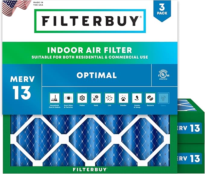 Filterbuy 29x29x4 Air Filter MERV 13 Optimal Smoke & Allergy Defense (3-Pack), Electrostatic Pleated HVAC AC Furnace Filters Replacement, Made in USA (Actual Size: 28.50 x 28.50 x 3.63)