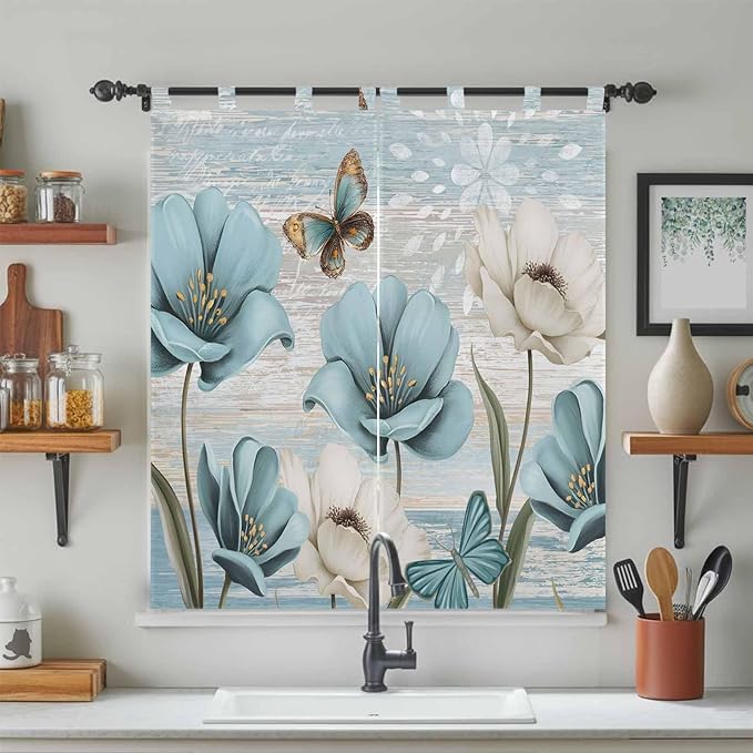 Spring Floral Living Room Curtains 84 Inch Length, Window Curtains Tab Top, Vintage Tulips Flower Butterfly Retro Wood Blue Light Filtering Window Treatments Drapes 42"x84" 2 Panel