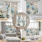 Teal Blue Tulips Kitchen Curtains 45 Inch Length, Short Cafe Window Curtains Tab Top, Spring Floral Barn Doors Vintage Wood Beige Light Filtering Window Treatments Tier Drapes 27.5"x45" 2 Panel
