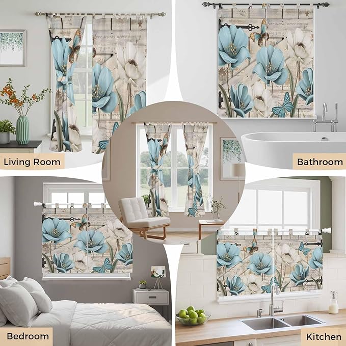 Teal Blue Tulips Living Room Curtains 96 Inch Length, Window Curtains Tab Top, Spring Floral Barn Doors Vintage Wood Beige Light Filtering Window Treatments Drapes 52"x96" 2 Panel