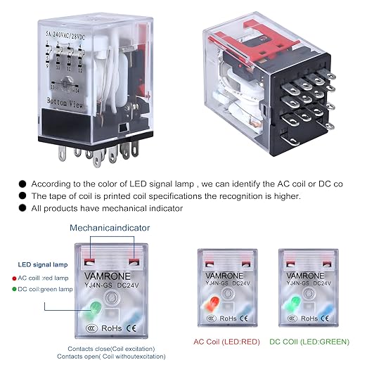 Electromagnetic Power Relay, 14-Pin 5 AMP 24V DC Relay Coil with Socket Base, LED Indicator, 4PDT 4NO 4NC - MY4NJ [Applicable for DIN Rail System]