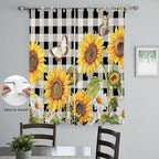 Sunflowers Living Room Curtains 84 Inch Length, Window Curtains Tab Top, Yellow Flowers Butterfly Farmhouse Black Plaid Light Filtering Window Treatments Drapes 52"x84" 2 Panel