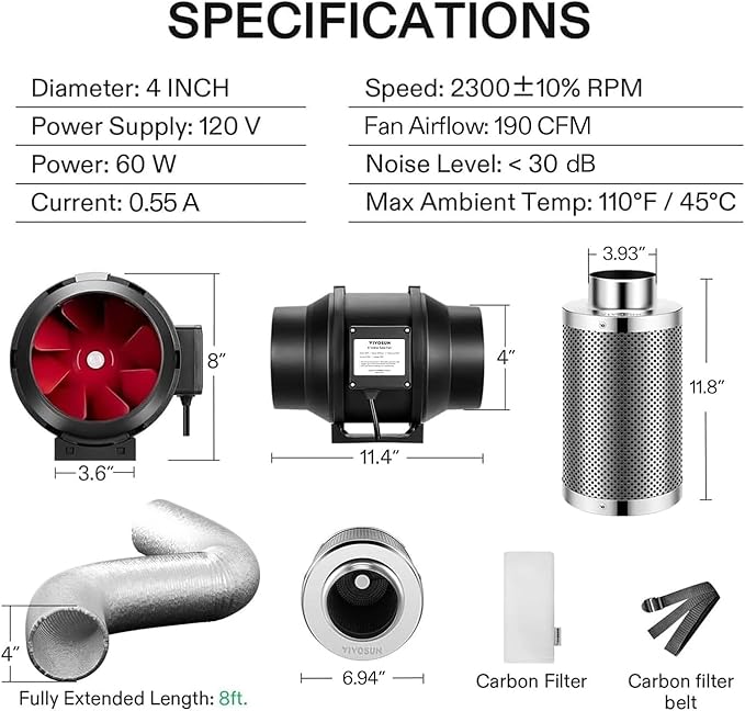 VIVOSUN Grow Tent Ventilation System, 4 Inch Inline Duct Fan with Speed Controller, 4'' Carbon Filter, and 8ft. Ducting Combo, Air Cooling and Filtration Kit for Grow Tent, Hydroponics