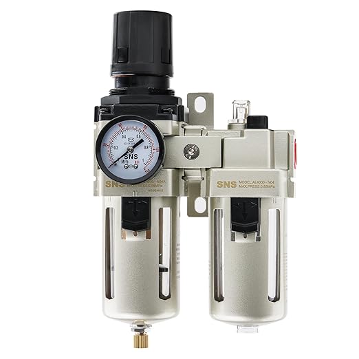 SNS 1/2" NPT Compressed Air Filter Regulator Lubricator Two Units Combo FRL Water/Oil Trap Separator, Semi-auto Drain, 5 Micron Brass Filter, Gauge and Bracket, Poly Bowl with Metal Guard AC4010-N04A