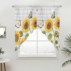 Yellow Sunflowers Swag Valances for Windows, Vintage Country Flowers Butterfly Wood Board Rod Pocket Kitchen Curtains Valance, Kitchen Window Curtains Swag for Cafe Living Room, 2 Panels, 36x45 inch