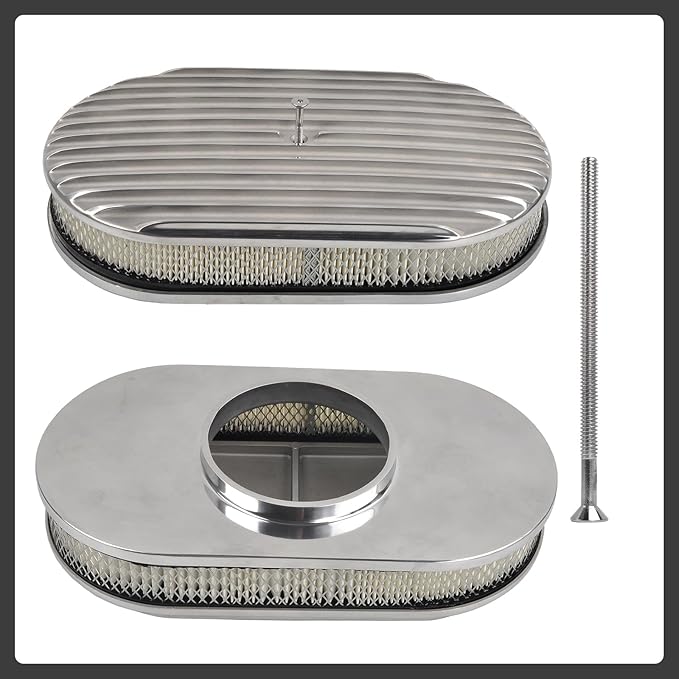 15" Air Cleaner Kit Polished Aluminum Oval Full Finned Retro Compatible with Classic Chevy Ford
