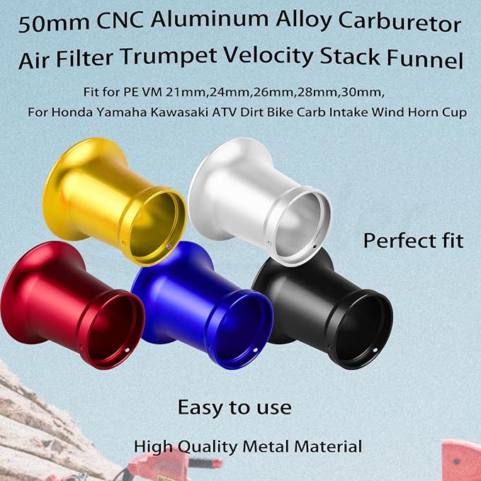 50mm Carburetor Air Filter Trumpet Velocity Stack Funnel CNC Alloy Parts Fit for PE VM 21mm,24mm,26mm,28mm,30mm, for Honda Yamaha Kawasaki ATV Dirt Bike Carb Intake Wind Horn Cup. (gold)