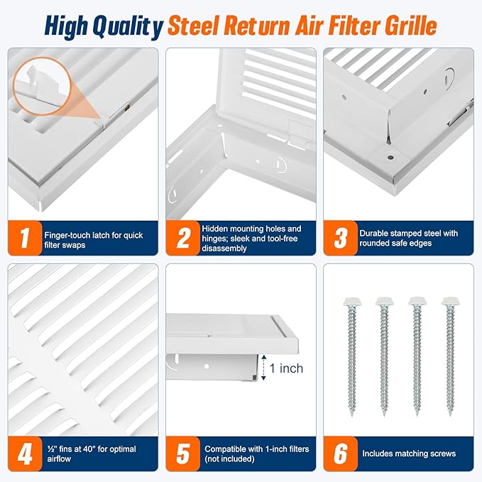 Fancat Return Air Filter Grille for 16x20 Ducts, Steel Air Vent Cover with Removable Door for 1" Filters | Fits Sidewall & Ceiling | Outer Size: 18 5/8" W x 22 5/8" H