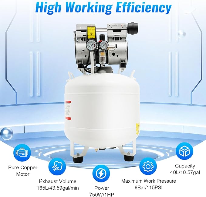 750W 40L Dental Medical Oil-Free Air Compressor, 115PSI 165L/min All-Copper Motor Portable Silent Oil-Free Air Compressor Detachable Air Compressor For Dental Equipment Spray Guns Nail Guns