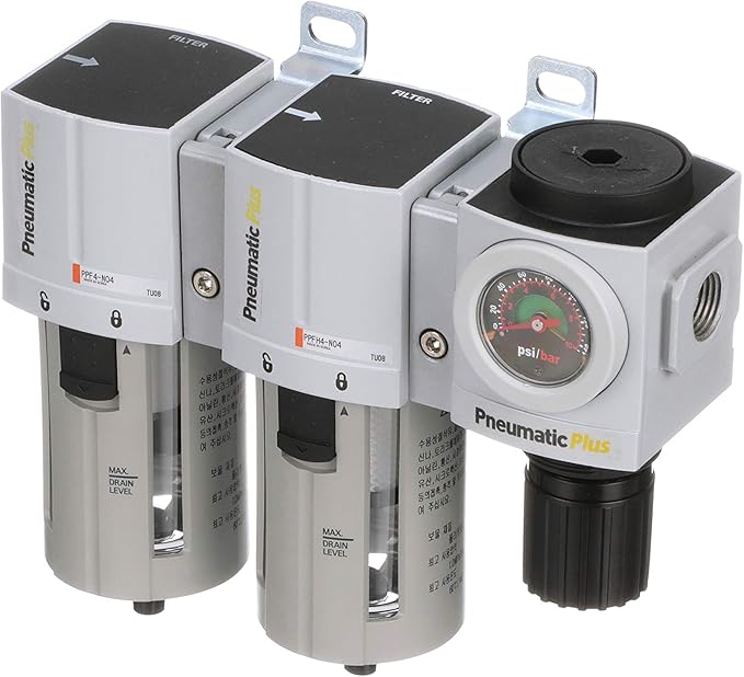 PneumaticPlus PPC4C-N04G StageAir Drying System- Air Particulate 5 Micron Filter, 0.3 Micron Coalescing Filter & Air Pressure Regulator Combo 1/2" NPT,Poly Bowl-Guard, Manual Drain,Embedded Gauge