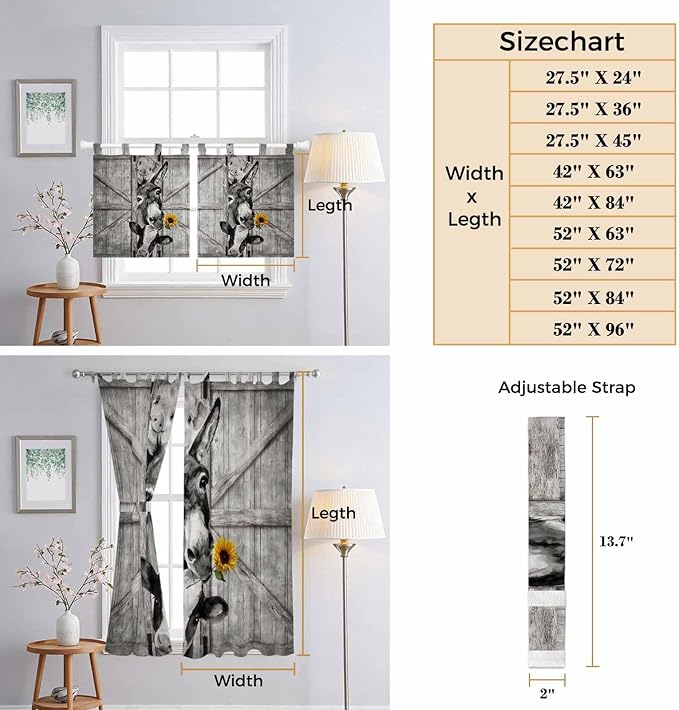 Funny Farm Animals Kitchen Curtains 24 Inch Length, Small Window Curtains Tab Top, Vintage Barn Grey Sunflowers Light Filtering Short Window Treatments Tier Drapes 27.5"x24" 2 Panel